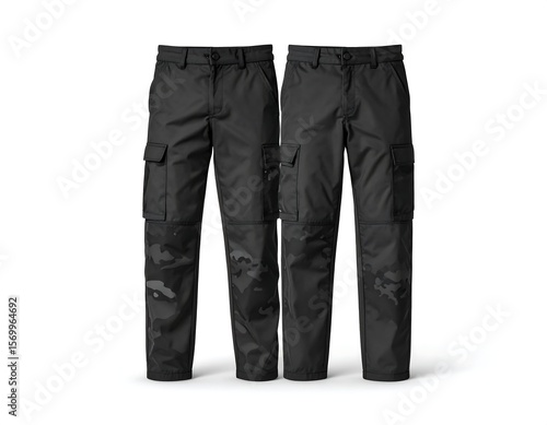 Pair of black work pants with camouflage pattern
