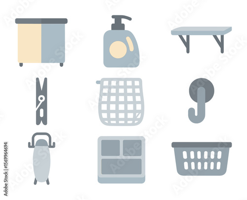 Laundry Room Icon Set. Flat icon set of laundry room organization: divided hamper, detergent dispenser,