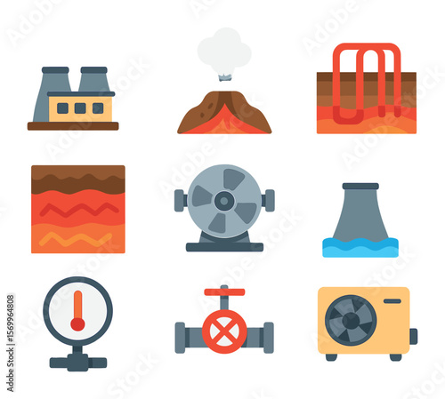 Geothermal Energy Icons. Flat icon set of geothermal energy systems: geothermal plant, steam vent, underground