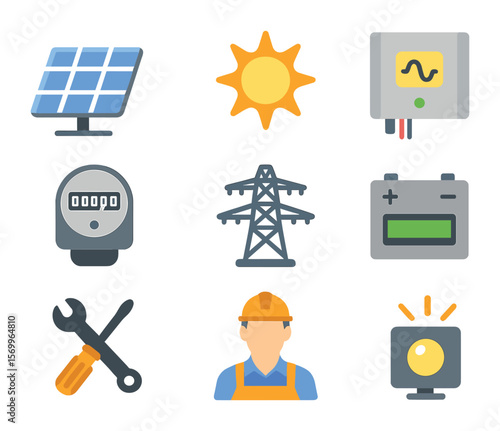 Solar Energy Icon Set. Flat icon set of solar energy farms: solar panels, sun icon, inverter box, energy meter