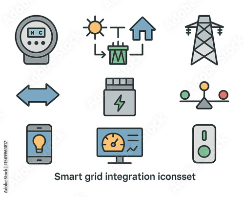 Smart Grid Icons. Flat icon set of smart grid integration: smart meter, energy flow chart, substation icon,