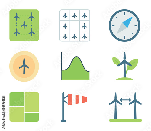 Wind Farm Icon Set. Flat icon set of wind farm layout design: turbine placement map, grid planning, site