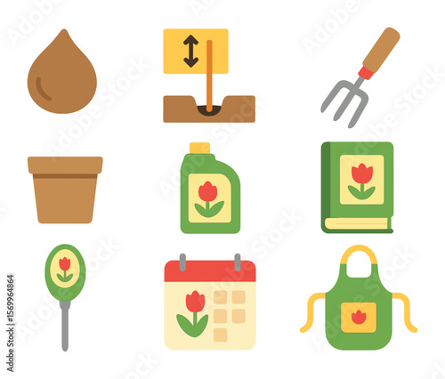Tulip Planting Icon Set. Flat icon set of tulip planting tools: tulip bulb, planting depth marker, hand rake,