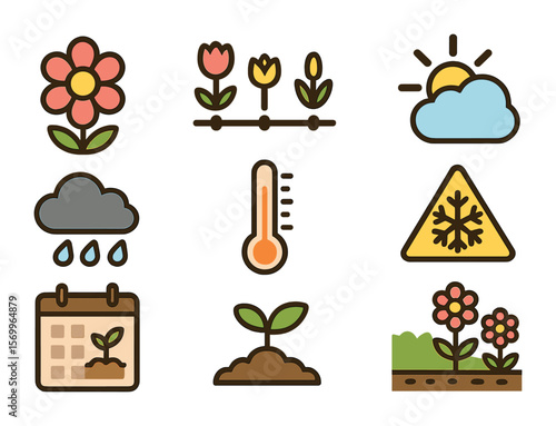 Seasonal Garden Icons. Flat icon set of seasonal garden care: spring flower icon, bloom timeline, seasonal