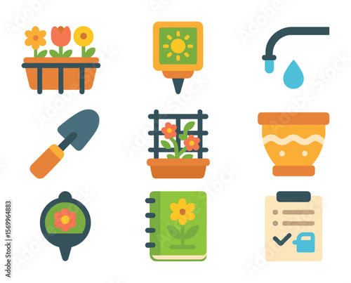 Balcony Garden Icon Set. Flat icon set of balcony flower gardening: railing planter, balcony sunlight meter,