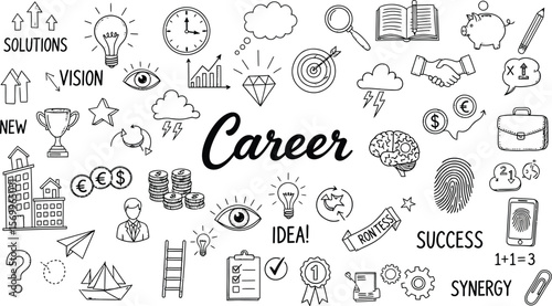Career growth and success strategy doodle art with business planning icons