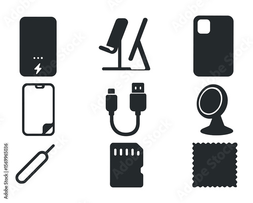 Mobile Accessories Icons. Flat icon set of mobile accessories: power bank, phone stand, protective case,