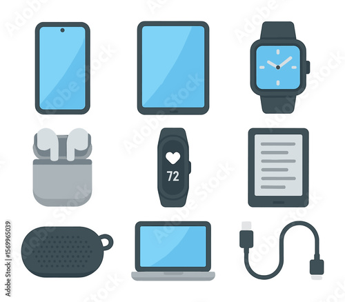 Modern Digital Gadgets Icons. Flat icon set of personal digital gadgets: smartphone, tablet, smartwatch,