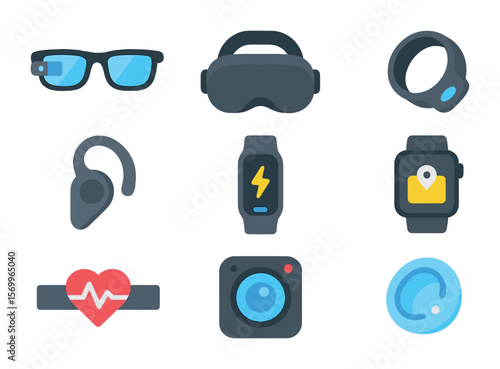 Wearable Tech Icons. Flat icon set of wearable tech: smart glasses, VR headset, smart ring, earpiece, fitness