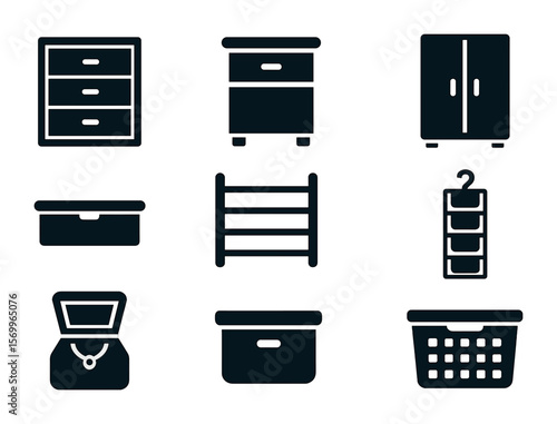 Bedroom Storage Icons. Solid, filled icons set of bedroom storage items: dresser, nightstand, wardrobe,