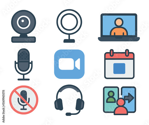 Virtual Meeting Icons. Flat icon set of virtual meeting equipment: webcam, ring light, laptop, microphone,