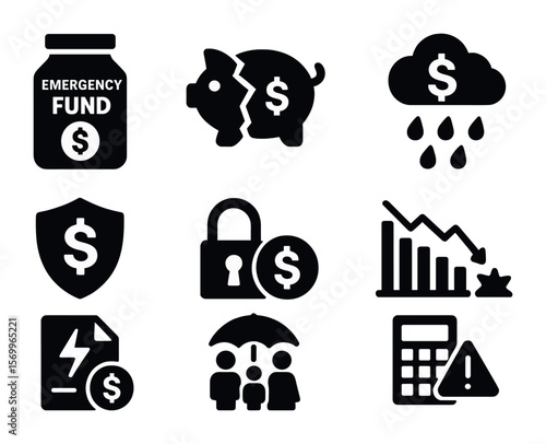 Emergency Savings Icons. Solid, filled icons set of emergency savings: emergency fund jar, broken piggy bank,