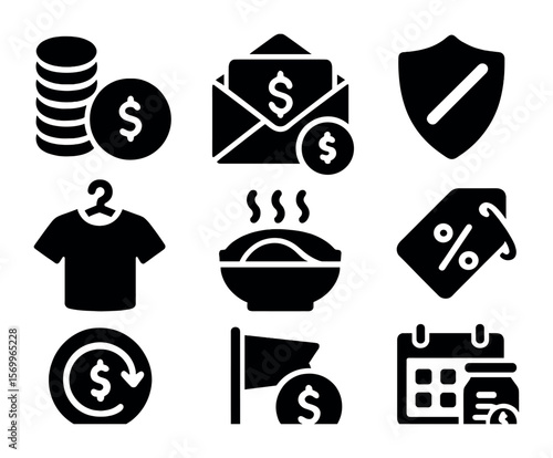 Saving Strategy Icons. Solid, filled icons set of saving strategies: coin stacking, envelope method, no-spend