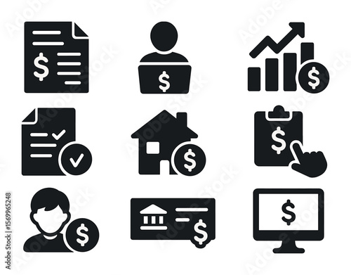 Income Sources Icons. Solid, filled icons set of income sources: pay stub, freelancer icon, passive income