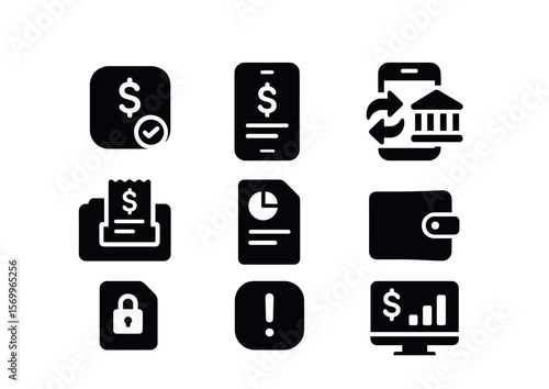 Financial Tools Icons. Solid, filled icons set of financial tools and apps: budgeting app icon, expense