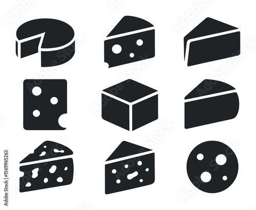 Gourmet Cheese Icons. Solid, filled icons set of gourmet cheese types: camembert round, gouda wedge, parmesan