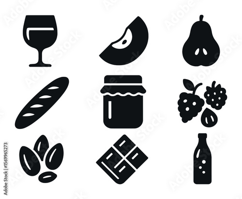 Cheese Pairing Icons. Solid, filled icons set of cheese pairing items: wine glass, apple slice, pear half,