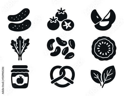 Cheese Board Icons. Solid, filled icons set of cheese board accompaniments: pickles, cherry tomatoes, green