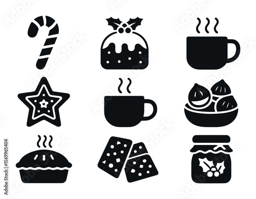 Festive Holiday Treat Icons. Solid, filled icons set of festive holiday treats: candy cane, Christmas pudding,