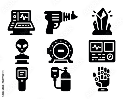 Sci-Fi Icon Collection. Solid, filled icons set of sci-fi film set items: space console, ray gun, glowing