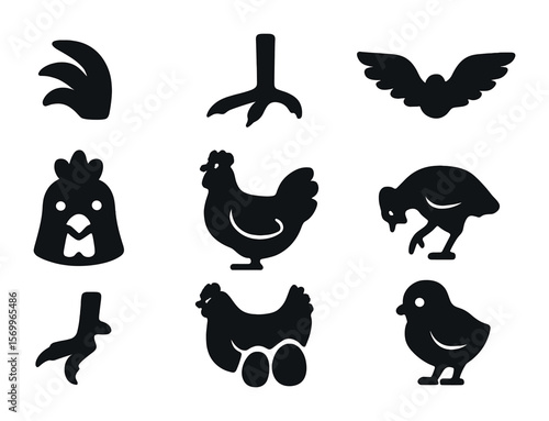 Chicken Features Icons. Solid, filled icons set of chicken features: tail feathers, clawed feet, wing span,