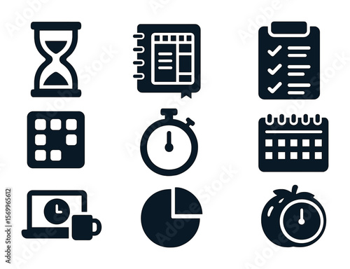Time Management Icons. Solid, filled icons set of time management habits: hourglass, daily planner, priority