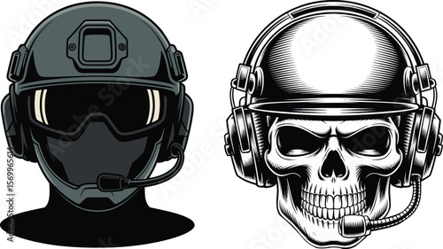 Modern soldier headset and skull with headphones and microphone illustration
