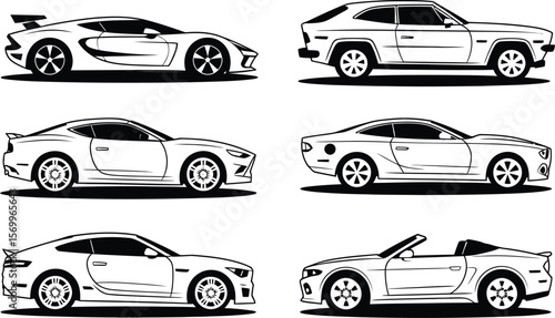 Collection of diverse car silhouettes in a clean black and white vector illustration