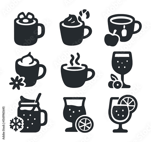 Winter Drinks Icons. Solid, filled icons set of non-alcoholic winter drinks: hot chocolate with marshmallows,