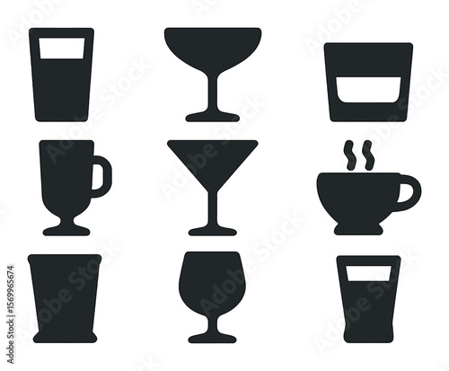 Cocktail Glassware Icons. Solid, filled icons set of cocktail glassware: highball glass, coupe glass, rocks