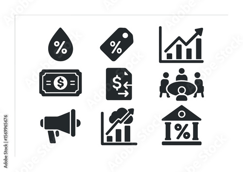 Monetary Policy Icons. Solid, filled icons set of monetary policy tools: reserve ratio, discount rate tag,