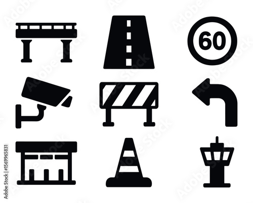 Highway Icon Set. Solid, filled icons set of highway infrastructure: overpass bridge, lane dividers, speed