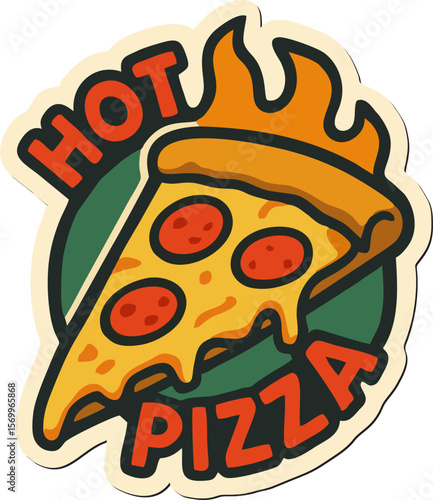 "Vibrant sticker featuring a slice of pepperoni pizza with flames and bold text 'Hot Pizza'."