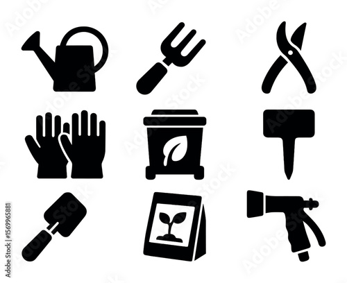 Gardening Icons Set. Solid, filled icons set of gardening essentials: watering can, hand fork, pruning shears,
