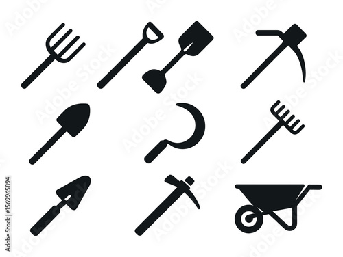 Farm Tools Icons. Solid, filled icons set of farm tools: pitchfork, shovel, hoe, spade, sickle, rake, garden