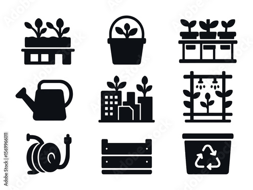 Urban Gardening Icons. Solid, filled icons set of urban gardening: rooftop planter, bucket garden, balcony
