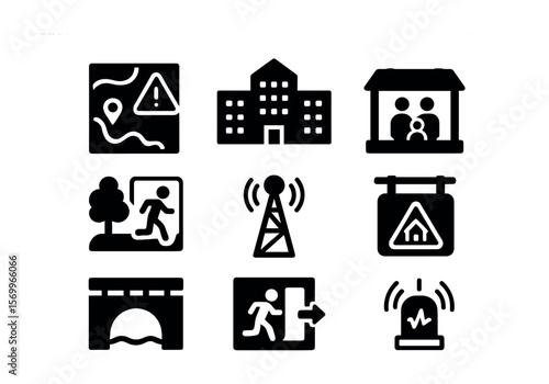 Disaster-Resilient Icon Set. Solid, filled icons set of disaster-resilient urban planning: hazard map,