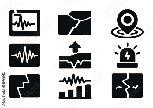 Earthquake Monitoring Icons. Solid, filled icons set of earthquake monitoring systems: seismograph, fault line