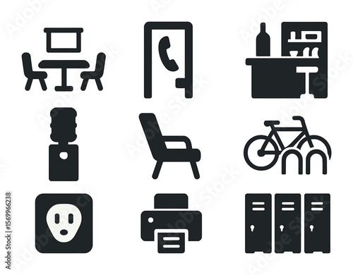 Coworking Amenities Icons. Solid, filled icons set of coworking amenities: conference room, phone booth, snack
