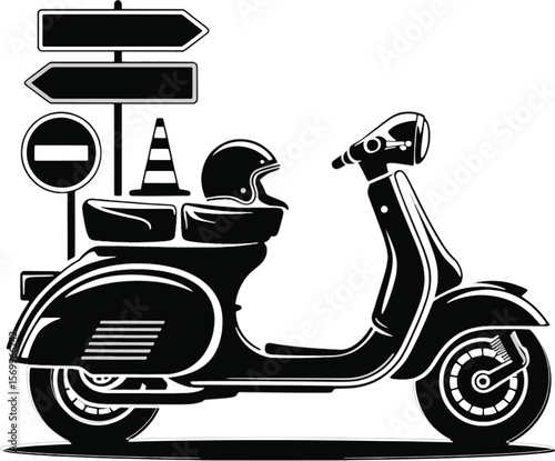 Black scooter with helmet and directional road signs traffic cone black and white