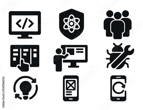 Tech Startup Icons. Solid, filled icons set of tech startup coworking: code on screen, tech logo badge,