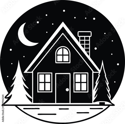 Serene Winter Cabin Illustration: A charming cabin nestles peacefully amidst a snow-dusted landscape beneath a starlit sky and gentle crescent moon.
