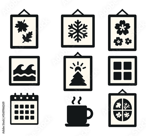 Seasonal Icon Grid. Solid, filled icons set of seasonal wall prints: autumn leaves poster, winter snowflake