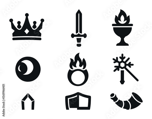Mythical Artifacts Icons. Solid, filled icons set of mythical artifacts: crown of power, sword of light,