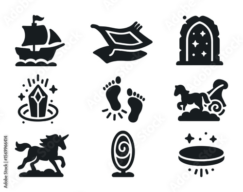 Magical Transportation Icons. Solid, filled icons set of magical realms transportation: flying ship, magic