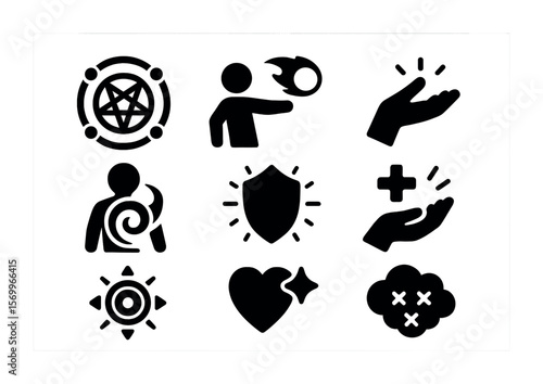 Spellcasting Icon Set. Solid, filled icons set of spellcasting actions: summoning circle, fireball throw,