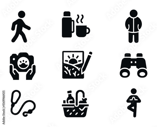Dawn Activity Icons. Solid, filled icons set of dawn activities: morning walk, thermos steam, hands in pockets
