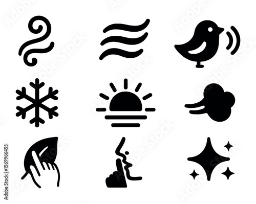 Sensory Morning Icons. Solid, filled icons set of sensory morning symbols: scent swirl, soft rustle icon, bird