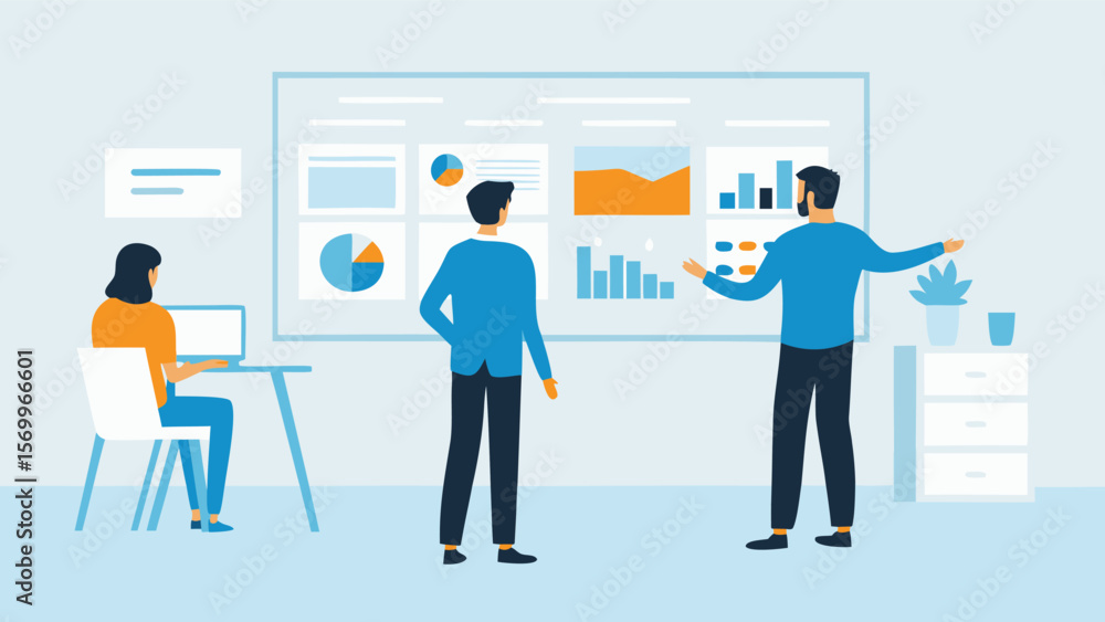 Team analyzing data on dashboard with graphs and charts in a business meeting presentation setting Team analyzing data on dashboard with graphs and charts in a business meeting presentation setting