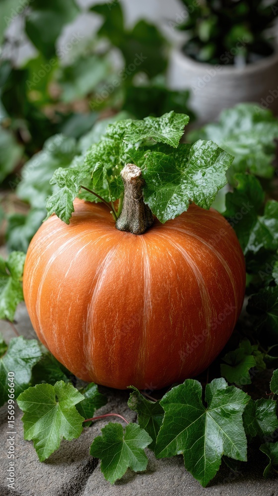 Obraz premium Top view of a pumpkin surrounded by vibrant autumn leaves, perfect for seasonal decoration and celebration in a warm, inviting atmosphere